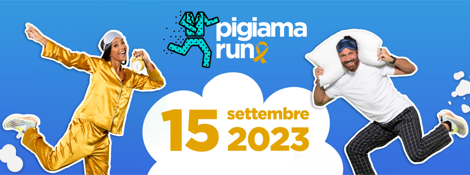 ragazzo e ragazza in pigiama e cuscino che corrono e titolo evento ragazzo e ragazza in pigiama e cuscino che corrono e titolo evento