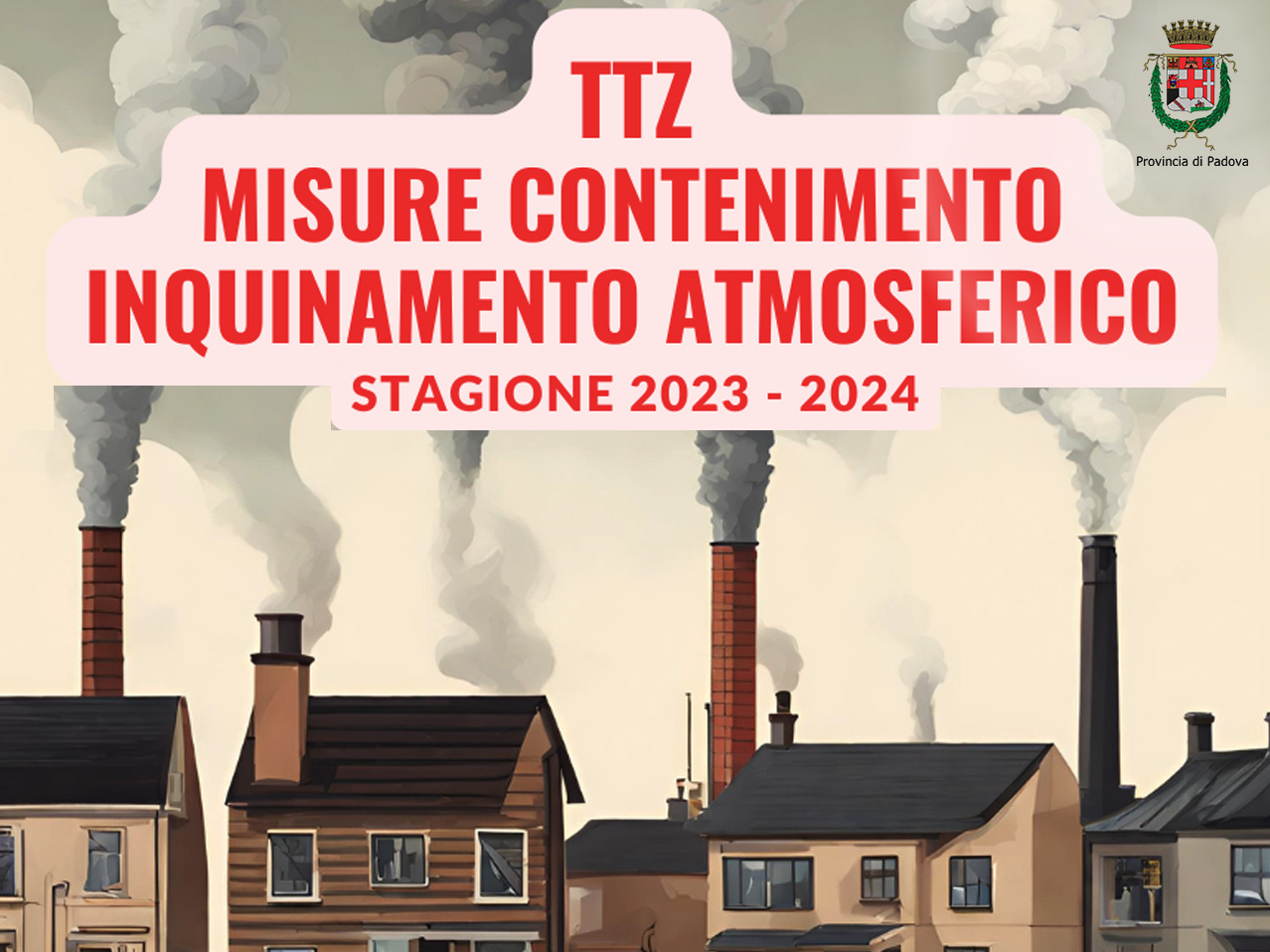 case con camini che fumano e scritta Misure per il contenimento dell'inquinamento atmosferico