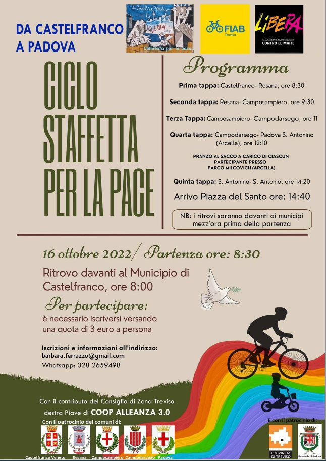 titolo loghi enti partecipanti e immagine di un ciclista che corre su arcobaleno titolo loghi enti partecipanti e immagine di un ciclista che corre su arcobaleno