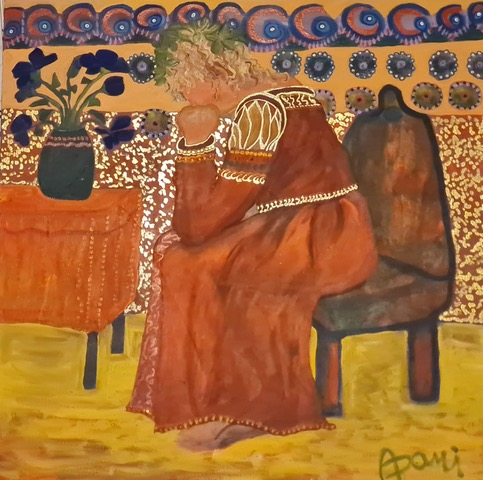 quadro con donna seduta davanti a vaso su tavolo quadro con donna seduta davanti a vaso su tavolo