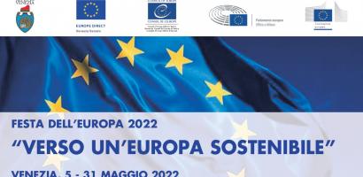 logo festa europa 2022 bandiera con stelle gialle e titolo evento logo festa europa 2022 bandiera con stelle gialle e titolo evento